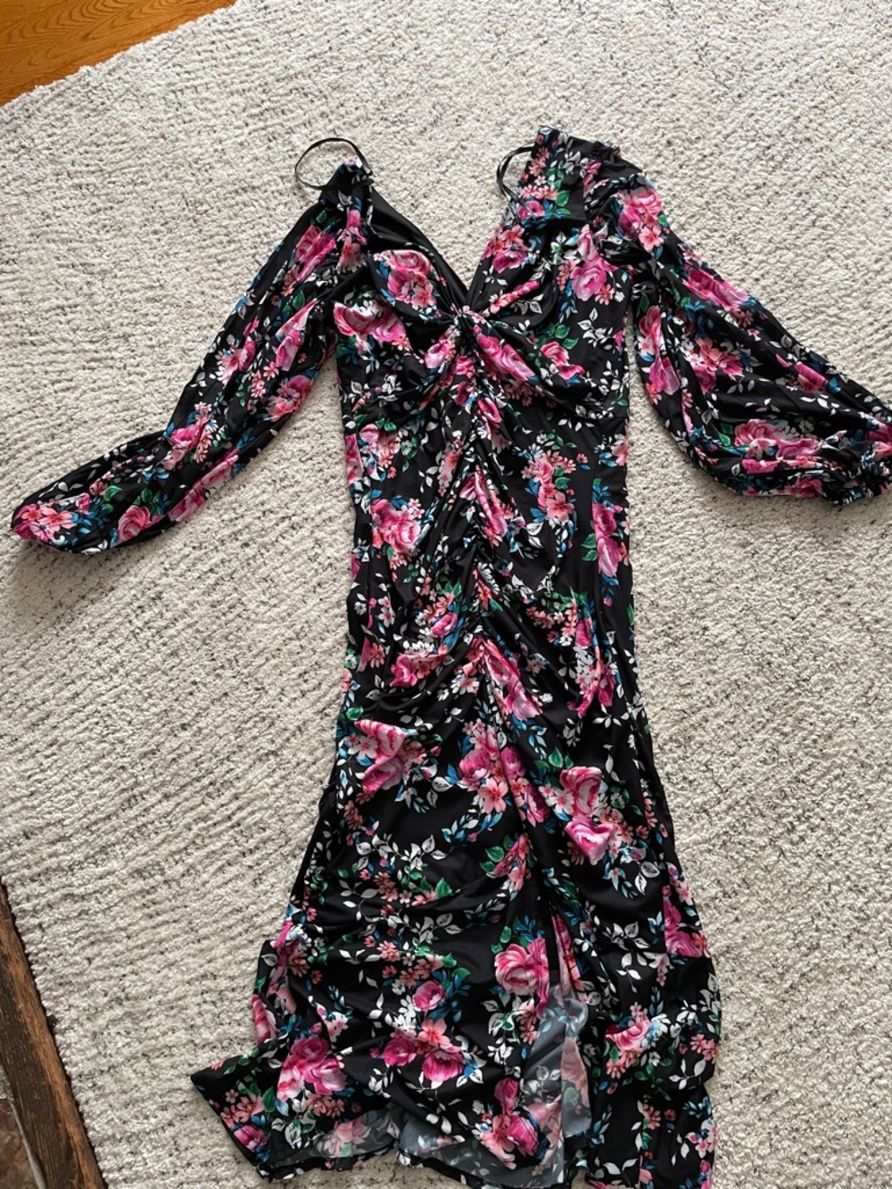 Guess Floral Black Maxi Dress with Pink Roses